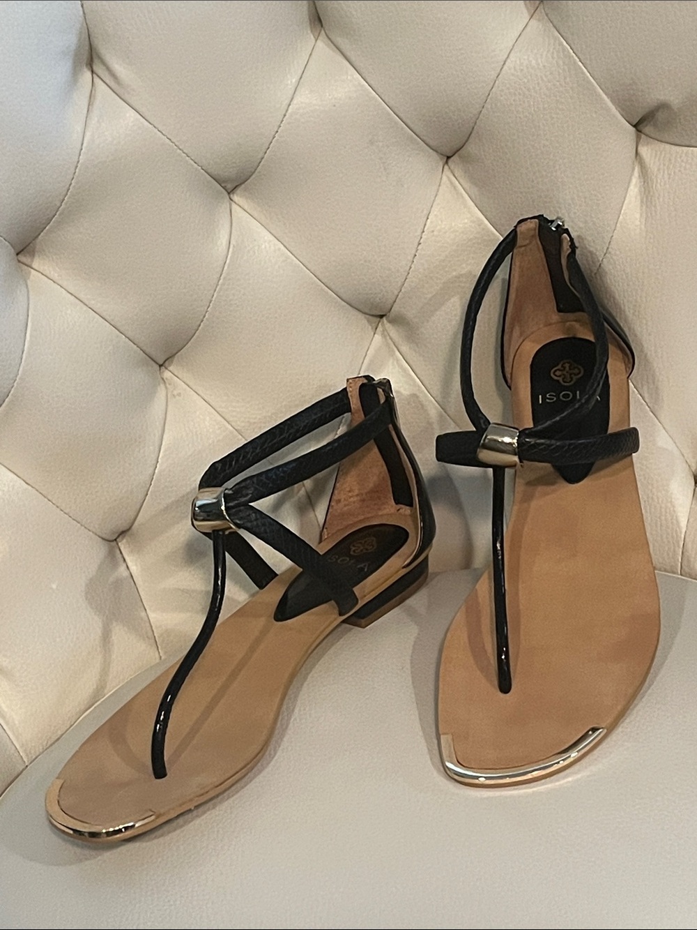 Isola Black T-Strap Sandals with Gold Accents